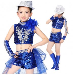 Royal blue black sequined modern kindergarten dance boys girls jazz dance costumes outfits t show school play costumes 